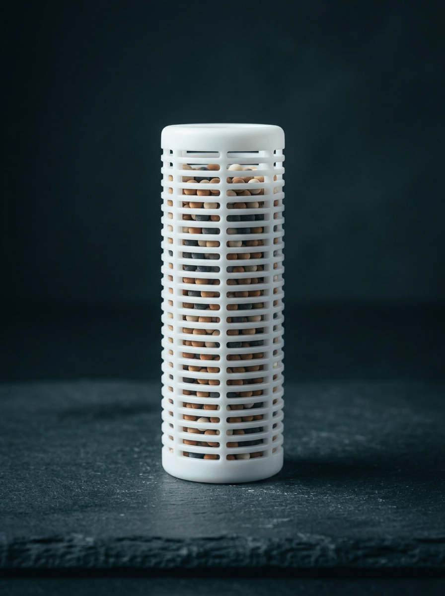Clean Sip six-stage cartridge standing on dark slate, mineral media beads visible through the slots