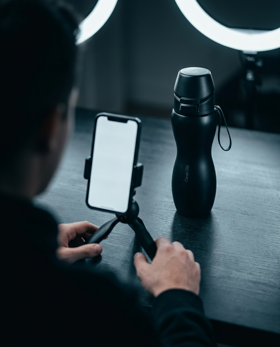 Creator filming the bottle with a phone on a small tripod