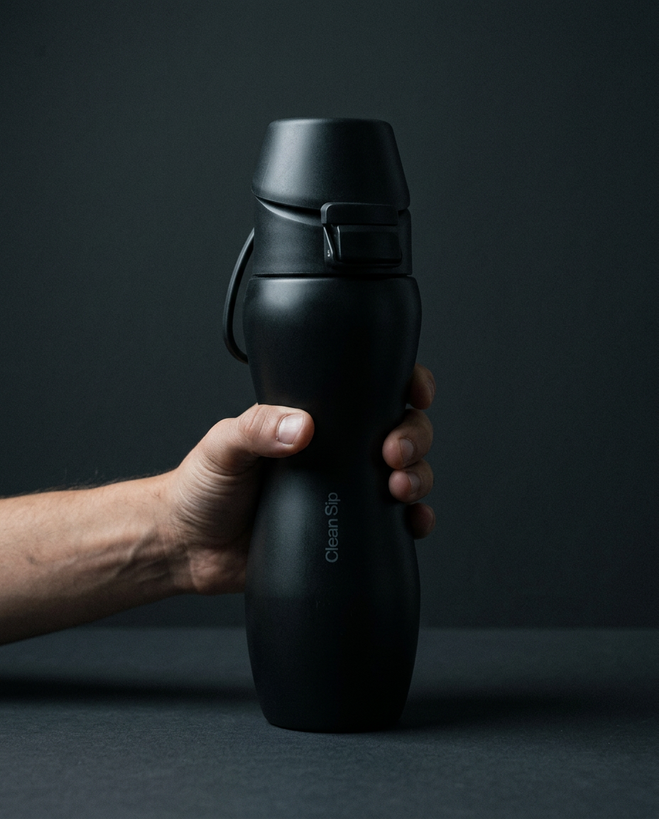Clean Sip double hourglass bottle held in a hand