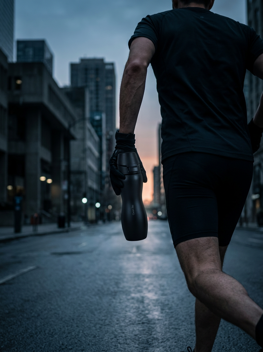Runner seen from behind at dawn holding the matte black bottle